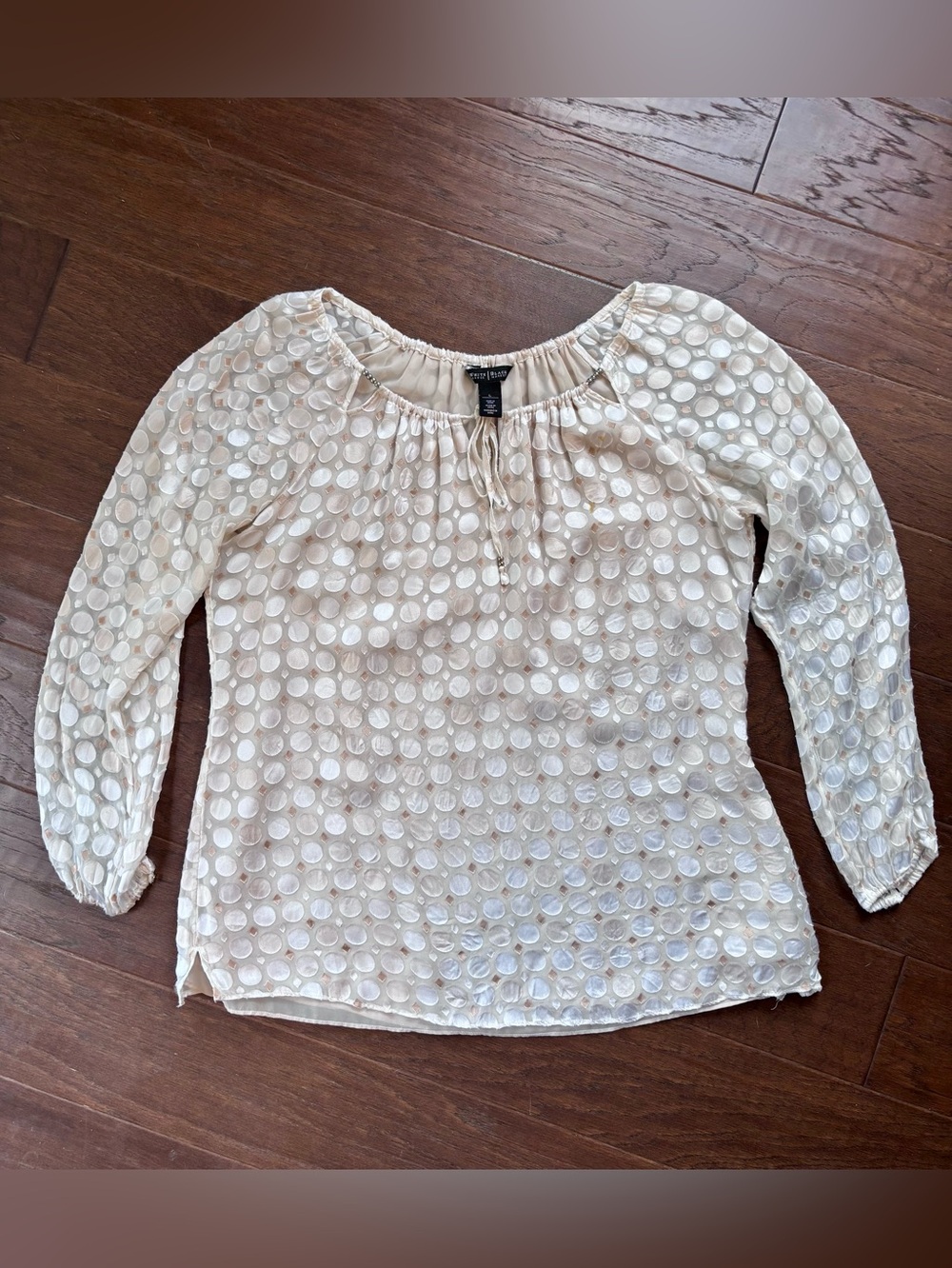 White House Black Market Cream Dot-Embellished Long-Sleeve Blouse Large
